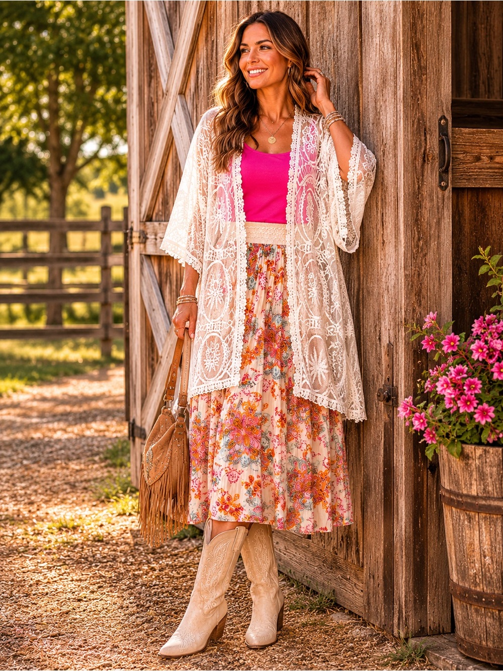 Boho White Floral Paisley Skirt with Orange and Pink Accents